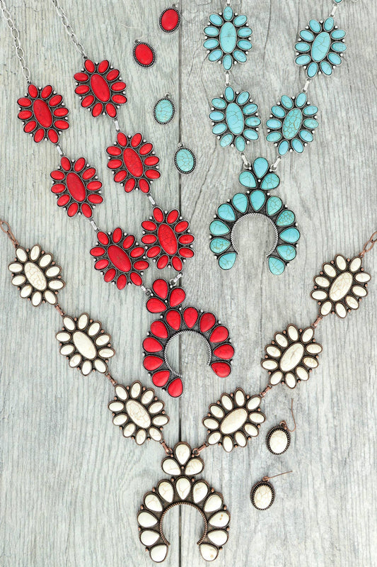 Multi Semi Stone Squash Blossom Charm Pendant Necklace Set