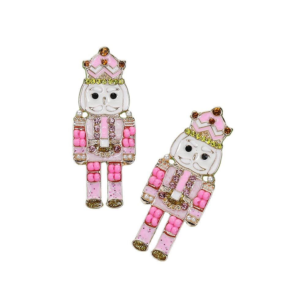 Stone Paved Seed Bead Enamel Christmas Nutcracker Earrings