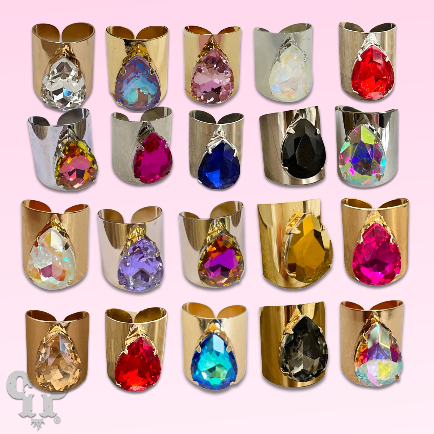 Rhinestone teardrop adjustable base ring - LC