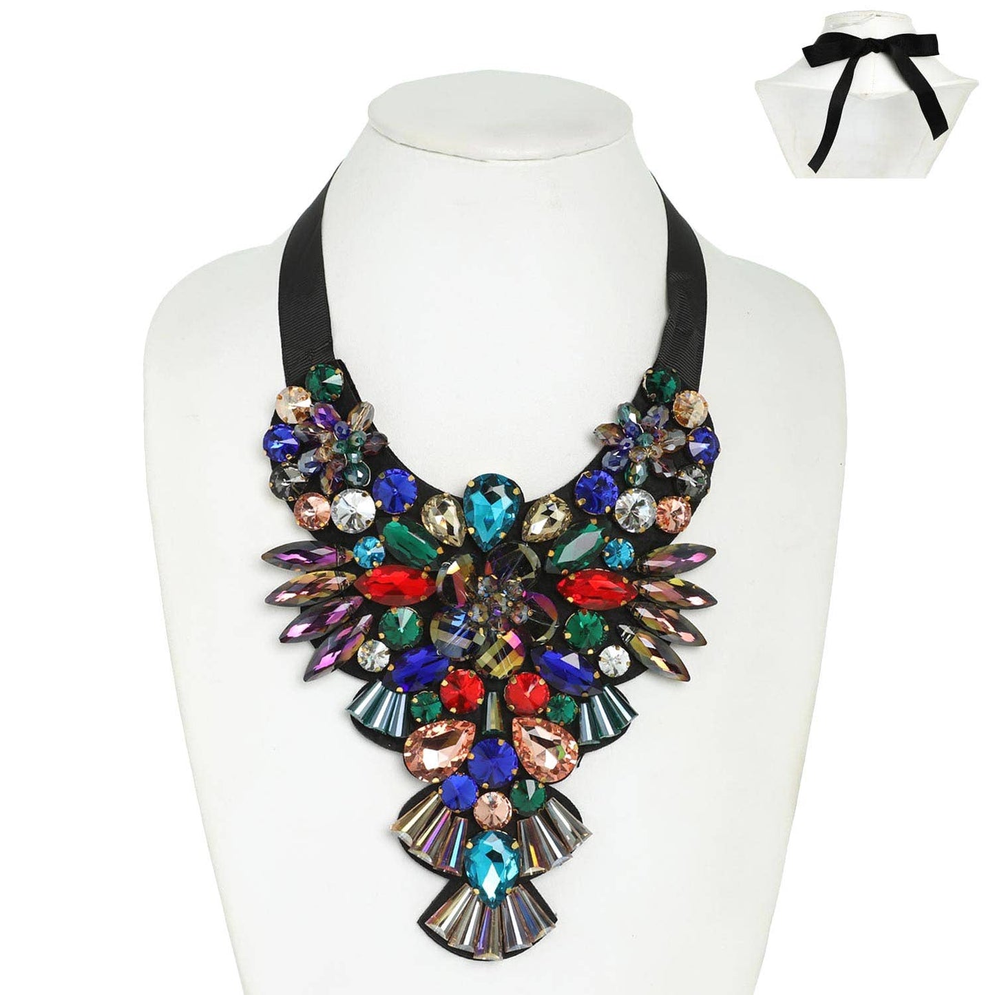 Floral Crystal Gemstone Ribbon Bib Necklace