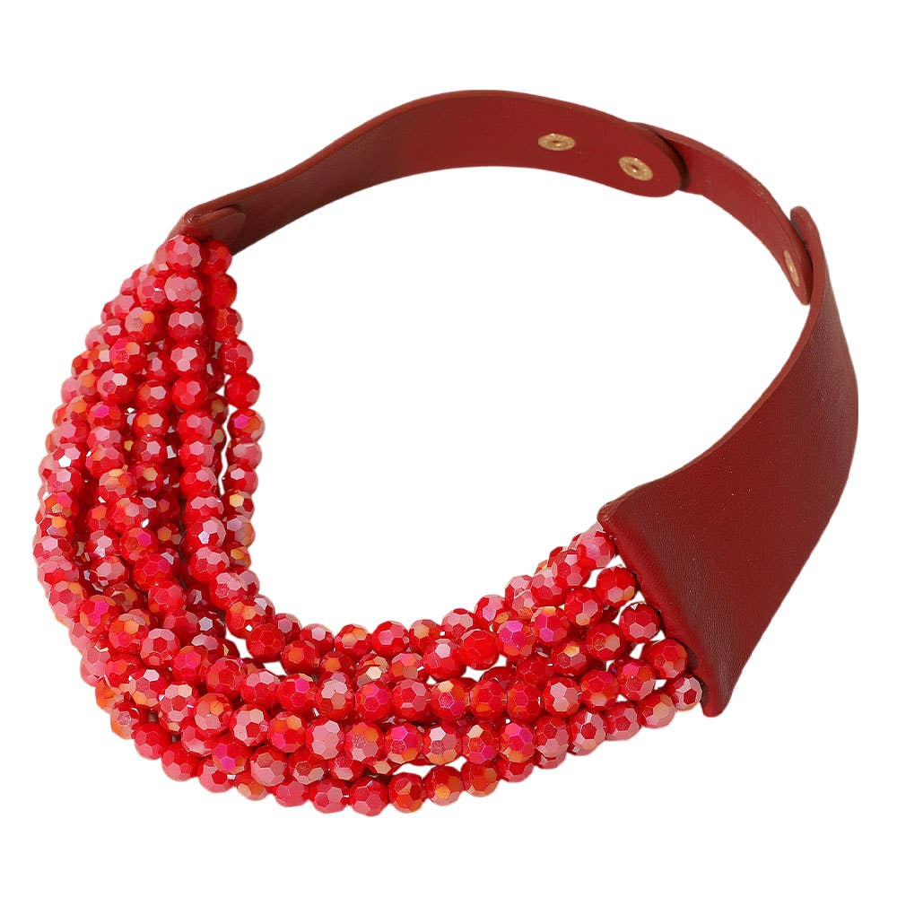 Chunky Acrylic Beaded Multi Layered Faux Leather Necklace