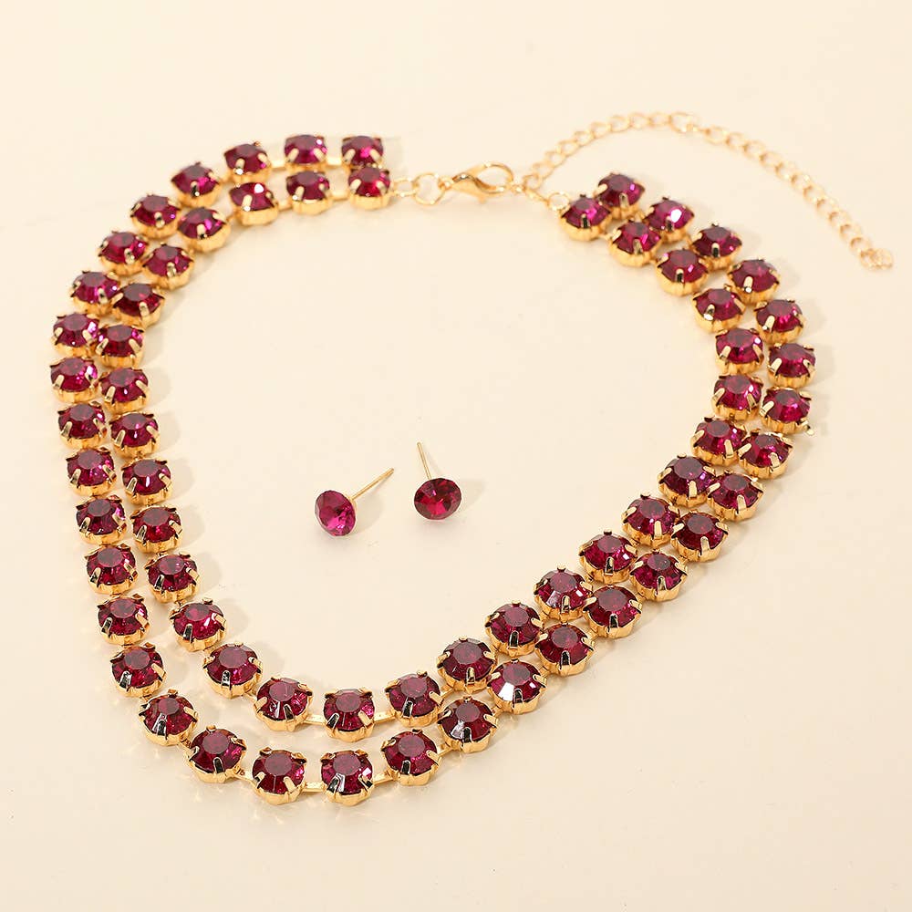Double Row Round Stone Cluster Link Layered Necklace