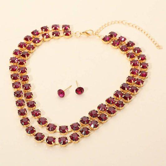 Double Row Round Stone Cluster Link Layered Necklace