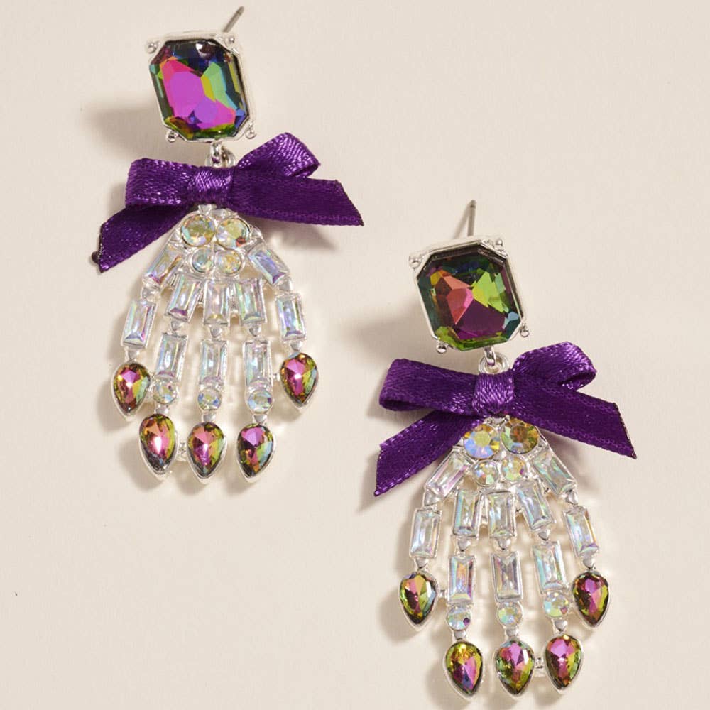 Bow Accent Glass Stone Skeleton Hand Dangle Earrings