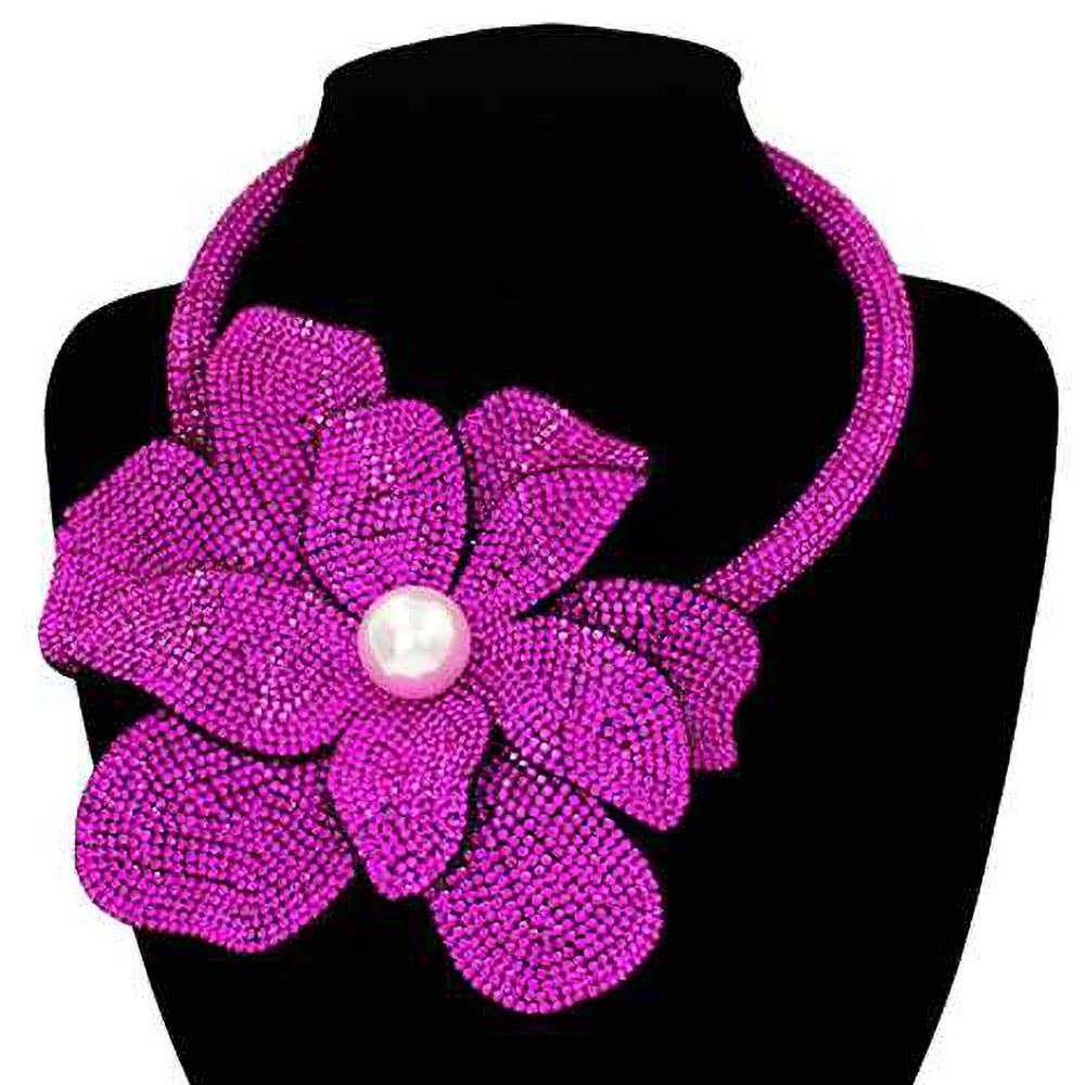 Pearl Centered Bling Studded Oversized Flower Pointed Necklace