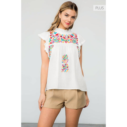 /Size XL/ Floral Embroidery Flutter Sleeve Top