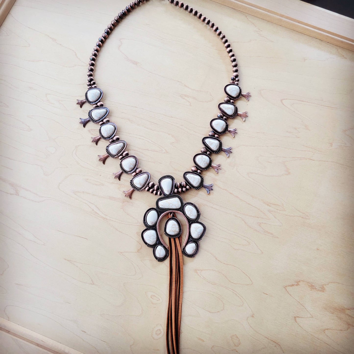 **White Turquoise Squash Blossom Necklace w/ Tassel 262aa