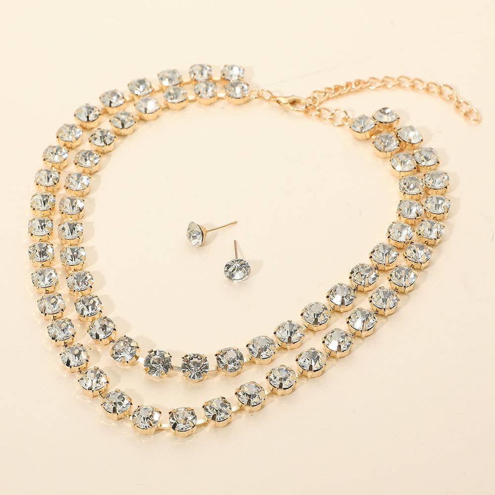 Double Row Round Stone Cluster Link Layered Necklace