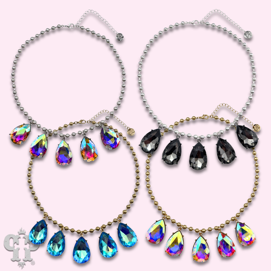 Ball chain necklace with large rhinestone teardrop charms