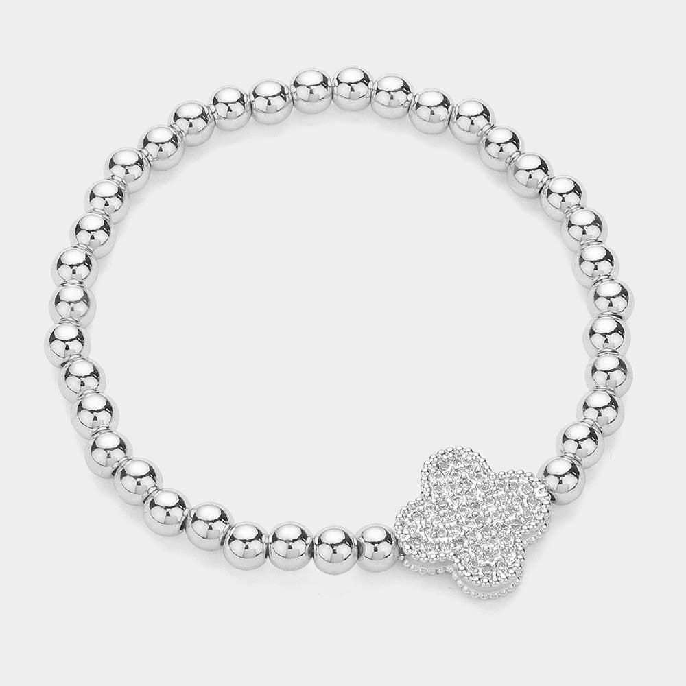 Stainless Steel Stone Paved Quatrefoil Charm Bracelet