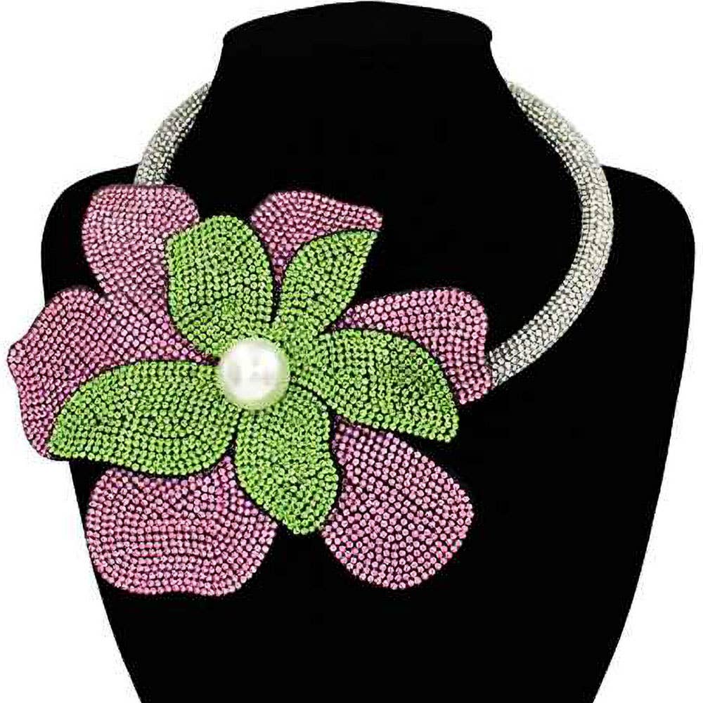 Pearl Centered Bling Studded Oversized Flower Pointed Necklace