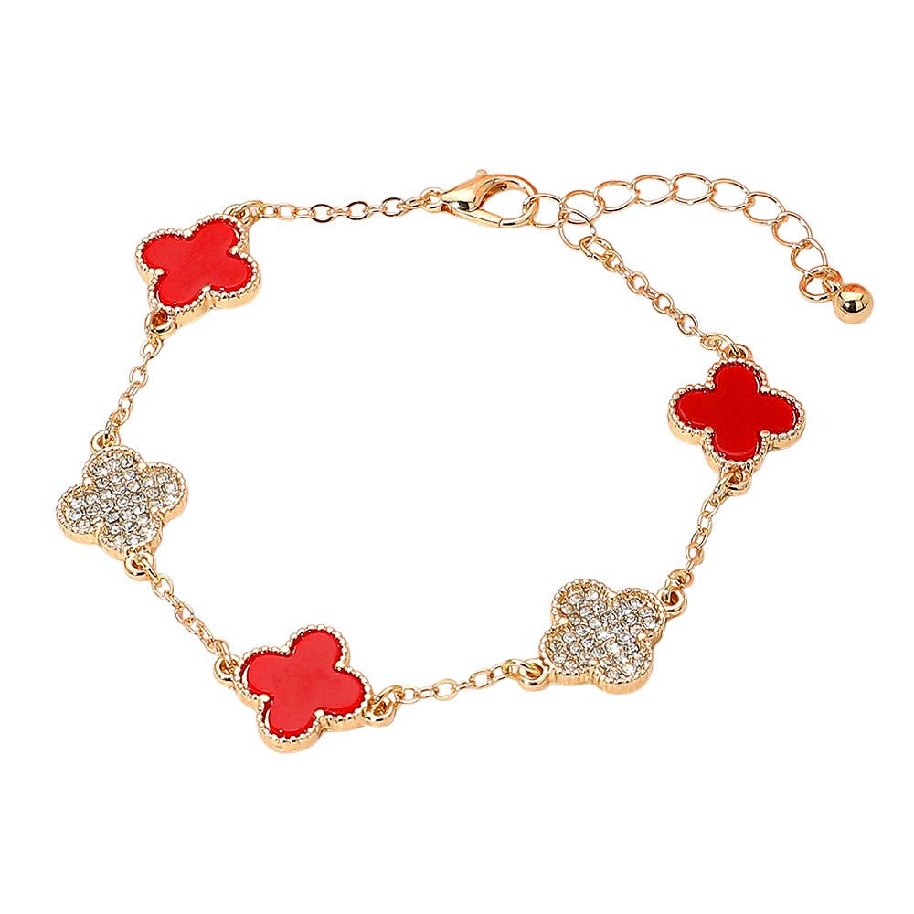 Gold Dipped Quatrefoil Charm Link Station Bracelet