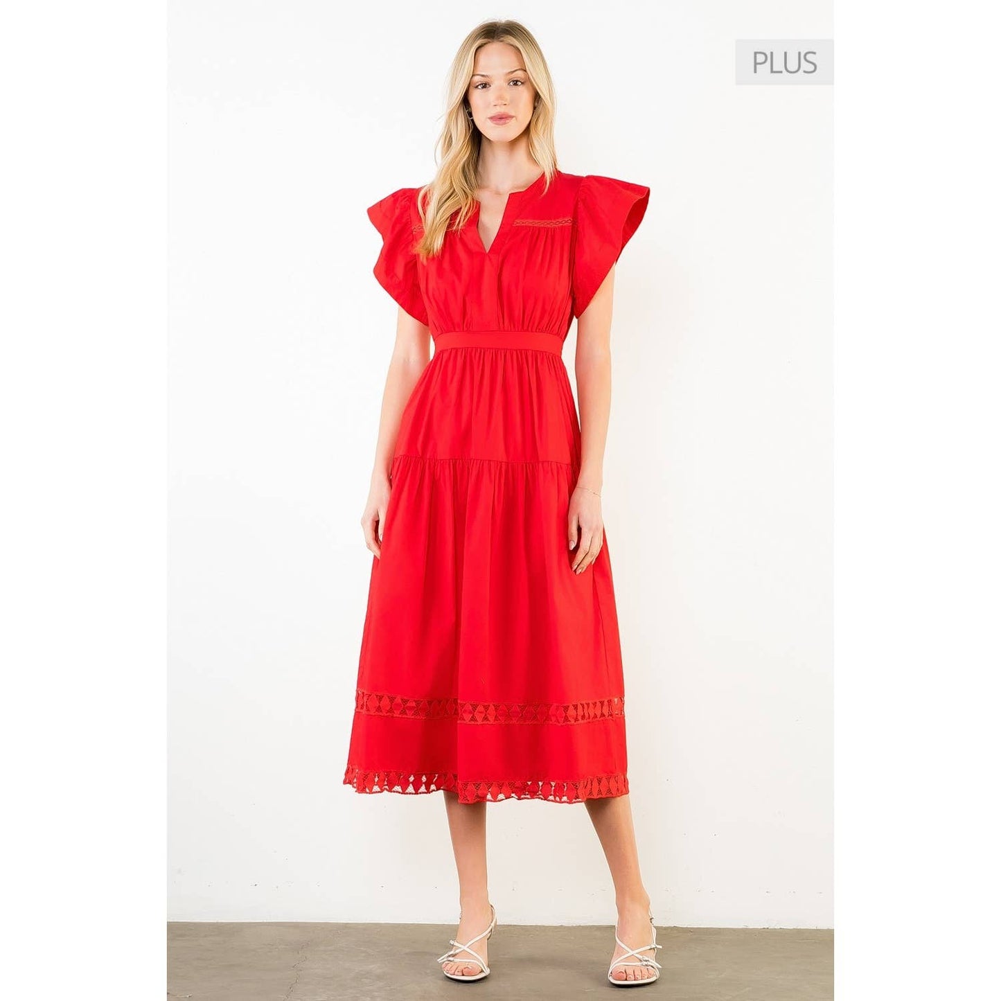 /Size XL/ Ruffled Sleeves V-Neck Tiered Midi Dress