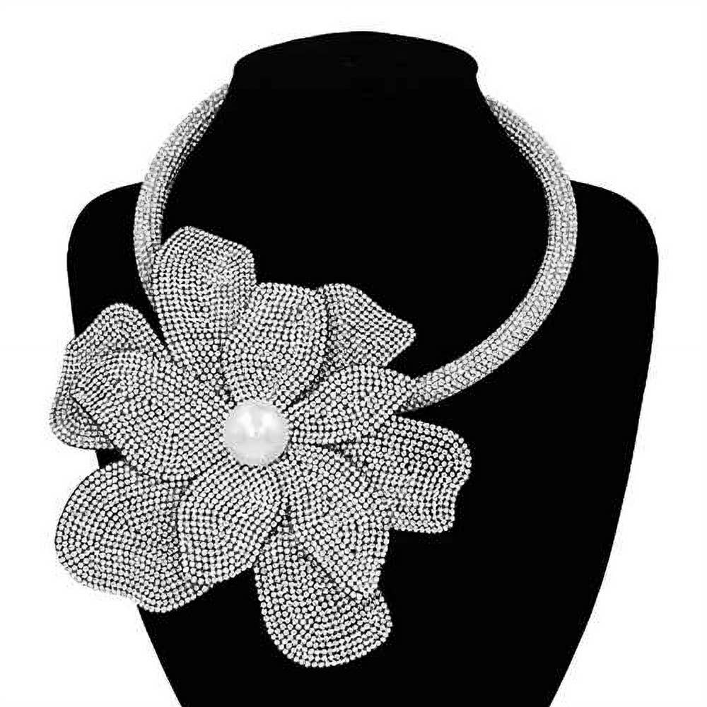 Pearl Centered Bling Studded Oversized Flower Pointed Necklace