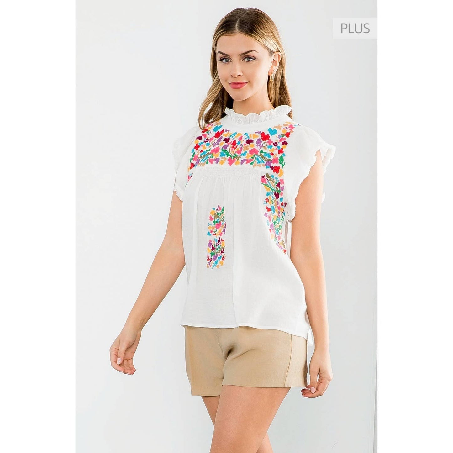 /Size XL/ Floral Embroidery Flutter Sleeve Top