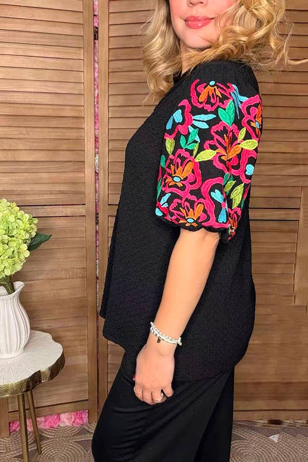 Floral embroidery black knitted women blouse XCH16540